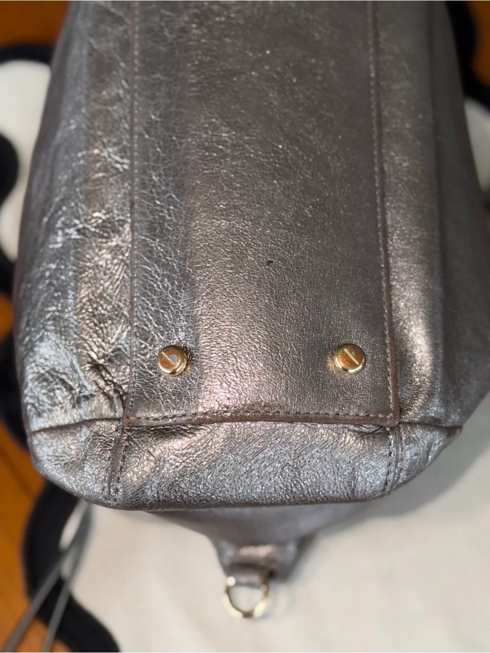 Henri Bendel Metallic Gunmetal Leather Satchel | Navy Satin Lining | Hangtag